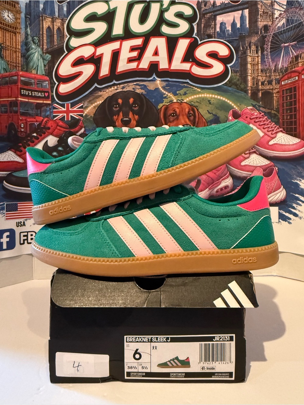 adidas green & pink suede Breaknet Sleek J sneakers 7.5W/6Y